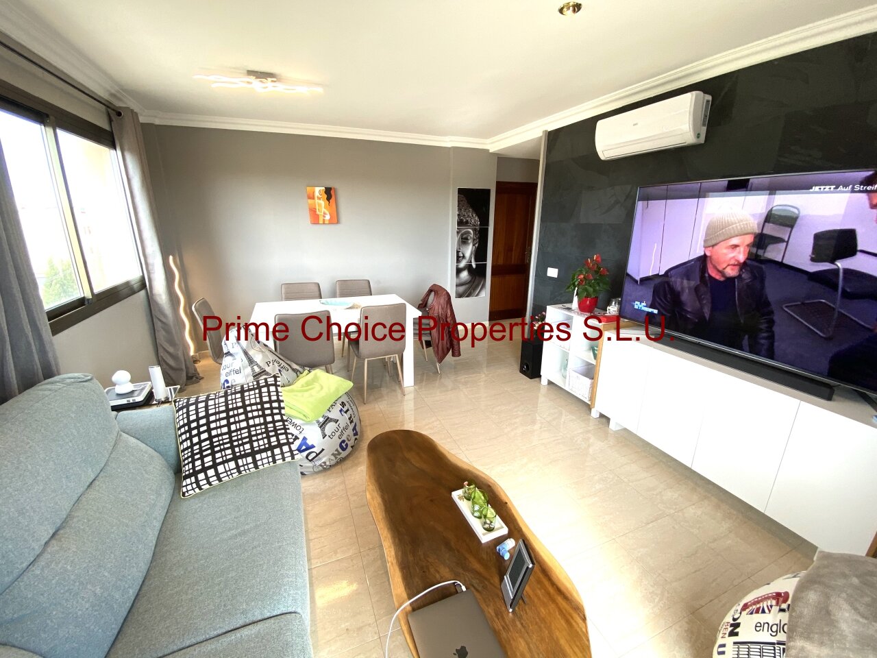 Wohnzimmer mit Decken-Infrarot-Heizungen und Klimaanlage